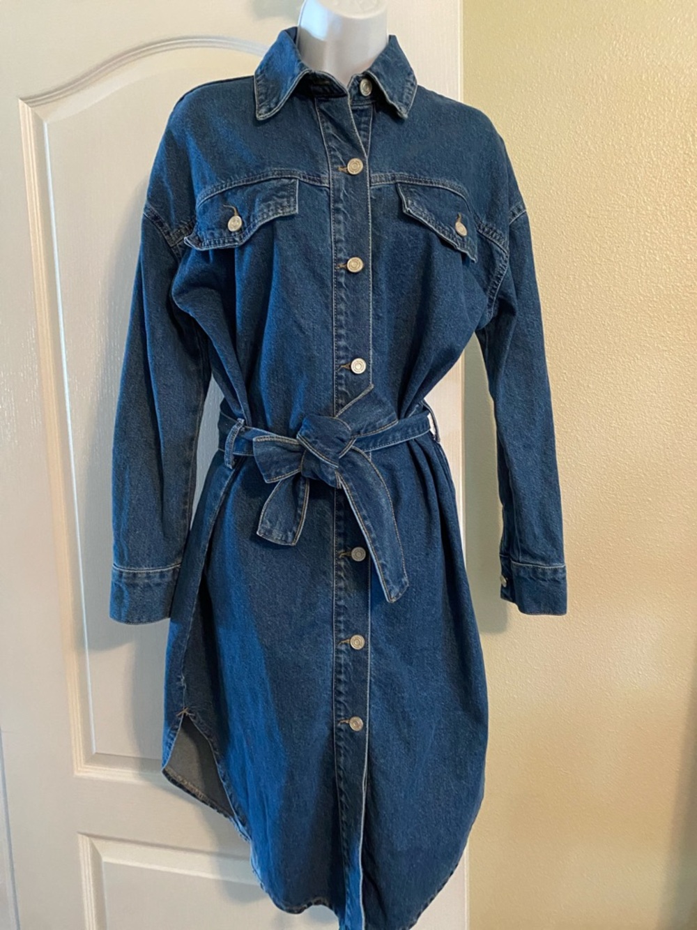 Boohoo Dark Blue Denim Shirt Dress with Tie Waist